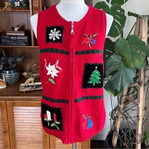 Vintage Crazy Horse Red Holiday Embroidered Zip Front Vest Petite L